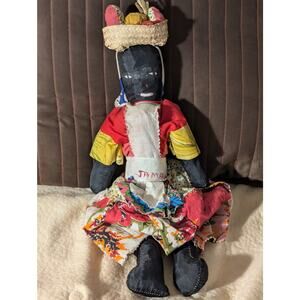Vintage Jamaican Black Rag Doll Souvenir Woman Basket Cloth Folk Art Ethnic 9"